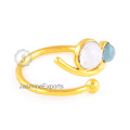 Designer Rainbow Moonstone e Aqua Calcedônia Gemstone Silver Ring, Jóia De Anel De Prata De Ouro 18k